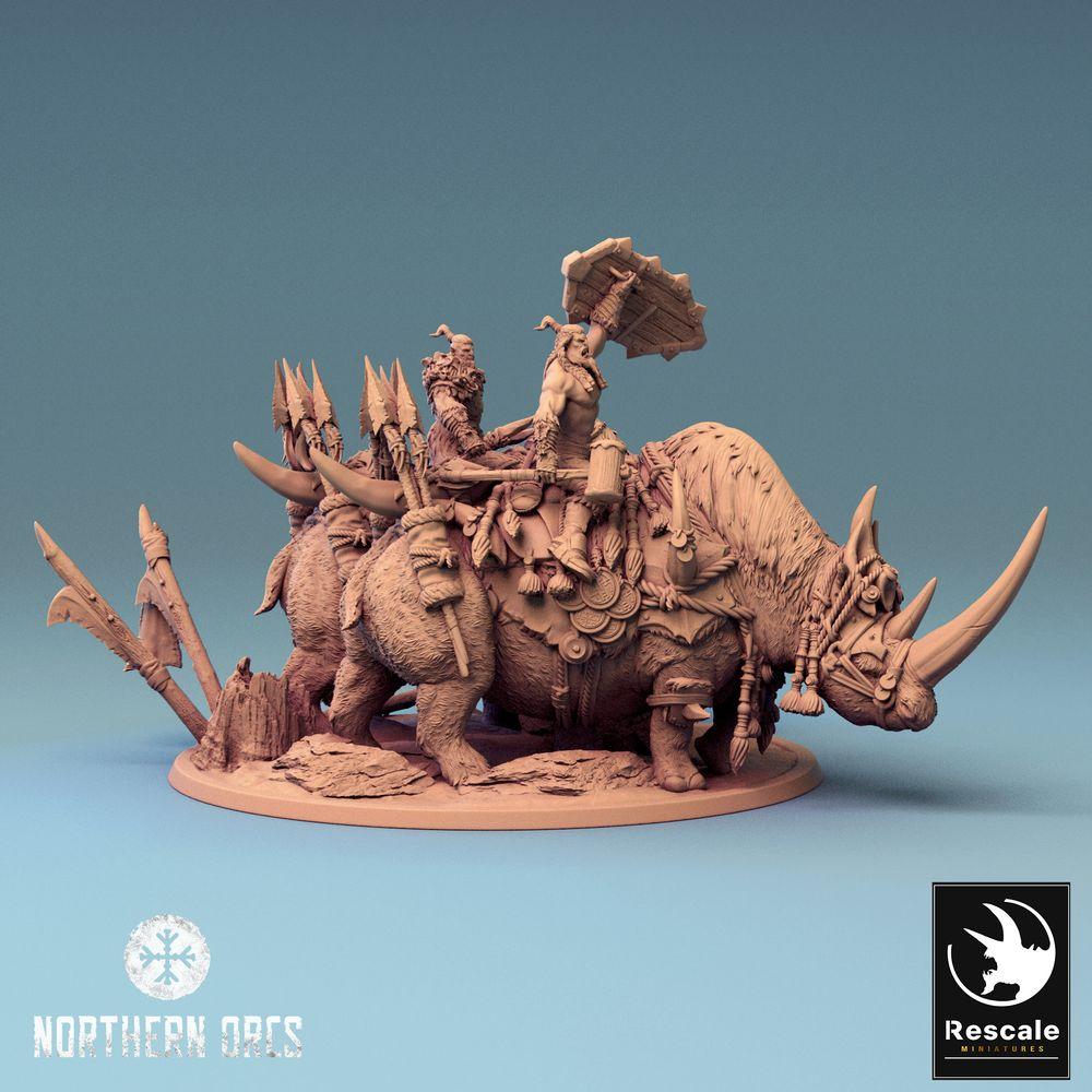 Produktfoto Tabletop 28mm Lord of the Print (LotP) 0: Tabletop Miniatur: Ork Kriegsherr auf Nashorn-Kriegsbestien, Bestienreiter-Gespann, Monsterkavallerie (24_04_D3)