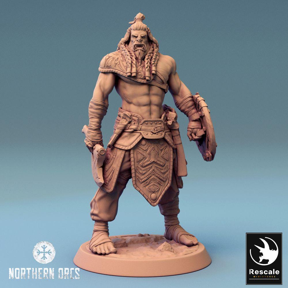 Produktfoto Tabletop 28mm Lord of the Print (LotP) 0: Tabletop Miniatur: Ork Krieger mit Axt und Rundschild, Barbar, Berserker, Stammeskrieger, Warlord, Champion, Orc Warrior (24_04_H3)