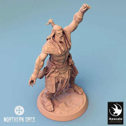 Φωτογραφία προϊόντος Tabletop 28mm Lord of the Print (LotP) 0: Φαντασία Φιγούρα: Ορκ Πολέμαρχος, Αρχηγός στην Πολεμική Κλήση - Βάρβαρος Πολεμιστής Φυλής (24_04_F2)