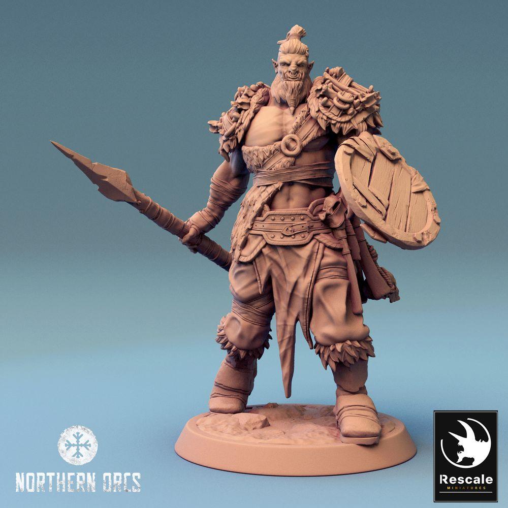 Foto do produto Tabletop 28mm Lord of the Print (LotP) 0: Miniatura de Tabletop: Orc Spearman com escudo redondo, Guerreiro Orc, Guerreiro Tribal, Portador de Escudo (24_04_K2)