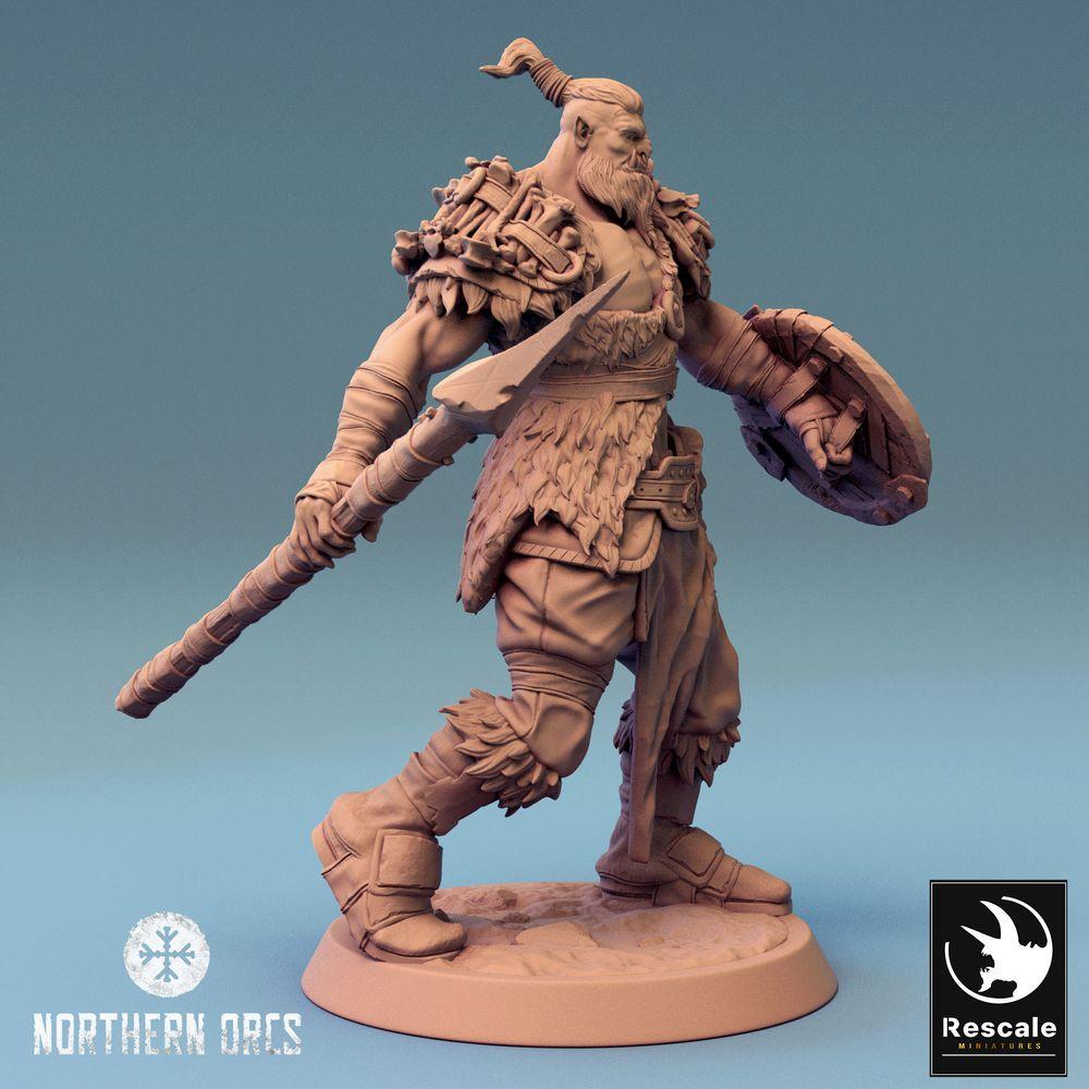 Imagem do produto Tabletop 28mm Lord of the Print (LotP) 0: Miniatura de Tabletop: Orc Spearman com escudo redondo, Guerreiro Orc, Guerreiro Tribal, Portador de Escudo (24_04_K2)