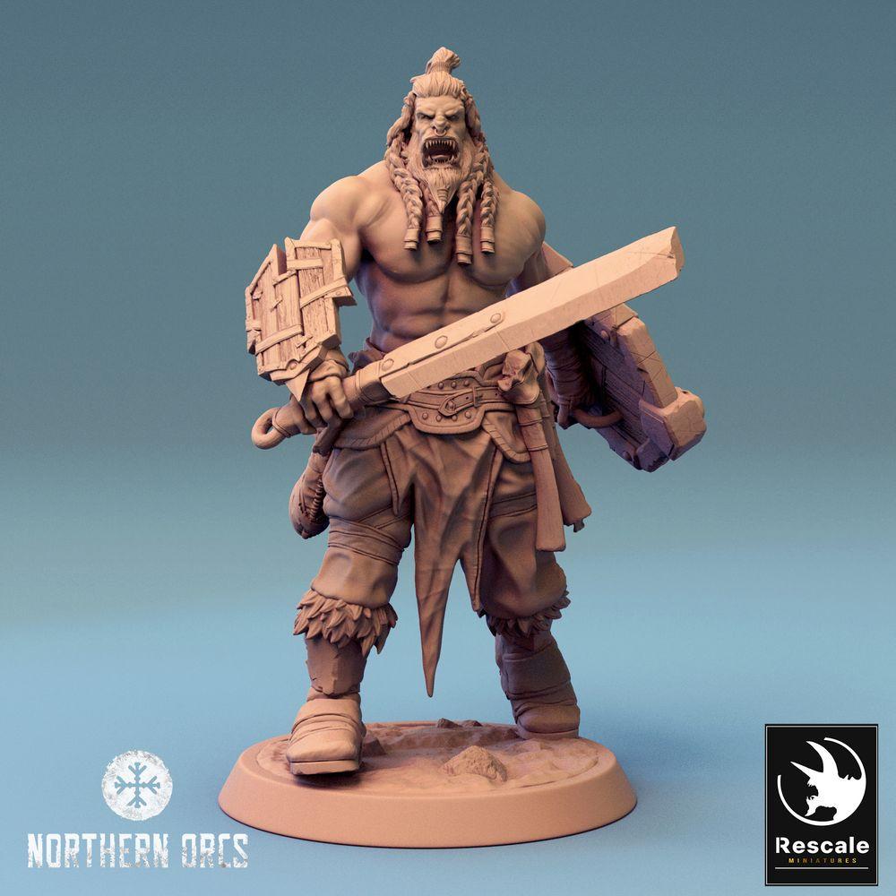 Foto do produto Tabletop 28mm Lord of the Print (LotP) 0: Miniatura de Tabletop: Guerreiro Ork - bárbaro rugidor com espada grande e escudo, Berserker (24_04_J1)
