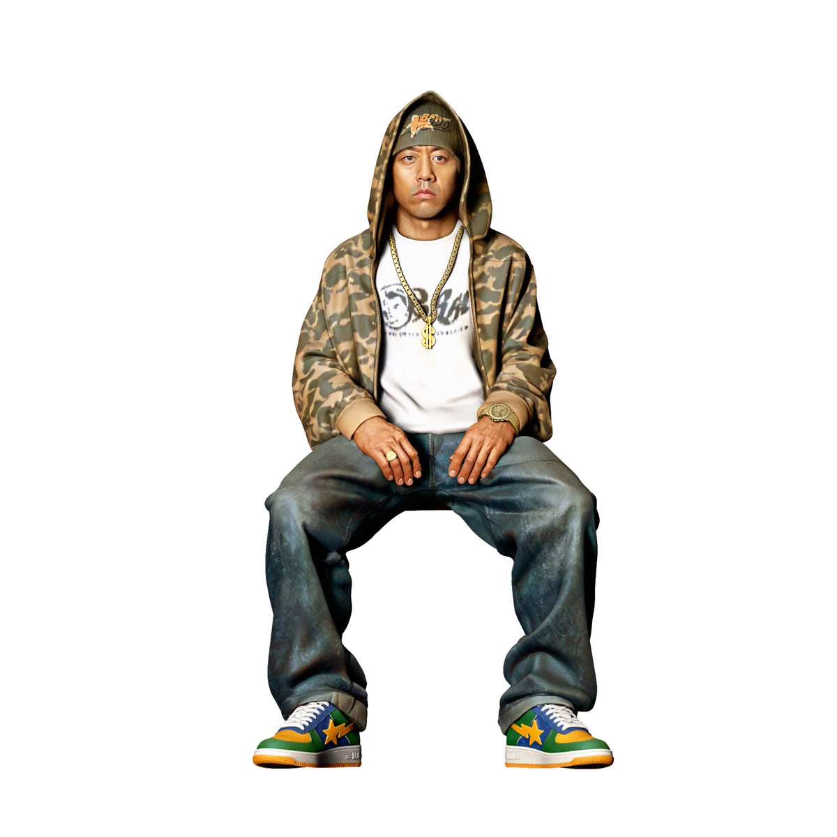 Diorama Modellbau Produktfoto 0: Sitzende Figur: Mann in Hip-Hop Kleidung mit Kapuzenjacke, Mütze und weiter Hose (Ref. Nr. 531)