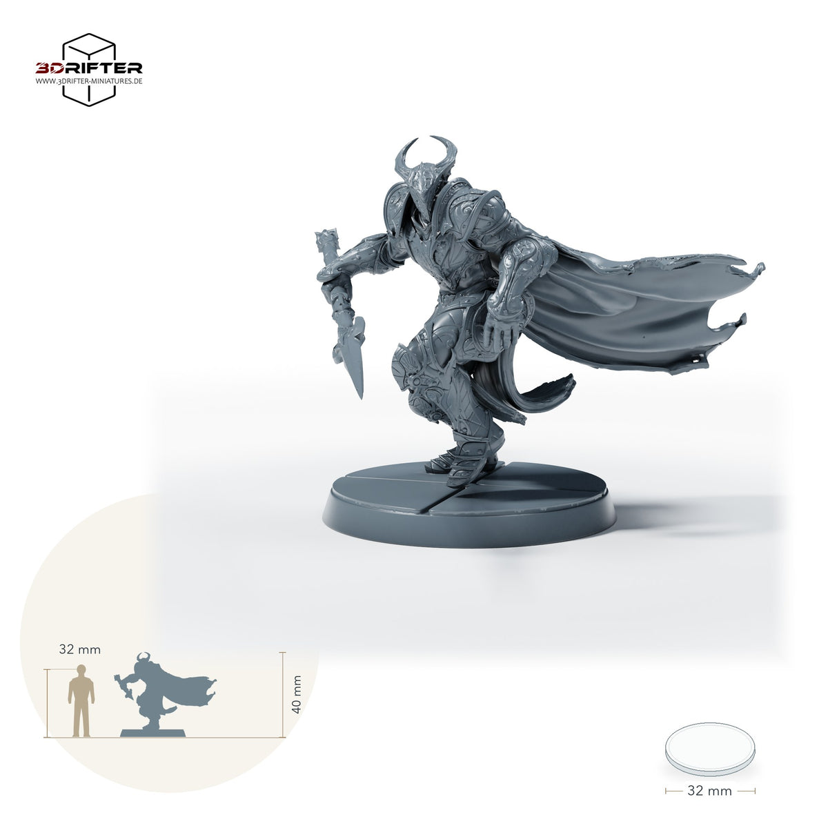 Bahamut-Ritter mit Speer – B: Größenvergleich, ca. 40 mm Gesamthöhe inklusive Base und höchstem Teil, mit 32-mm-Referenzfigur.