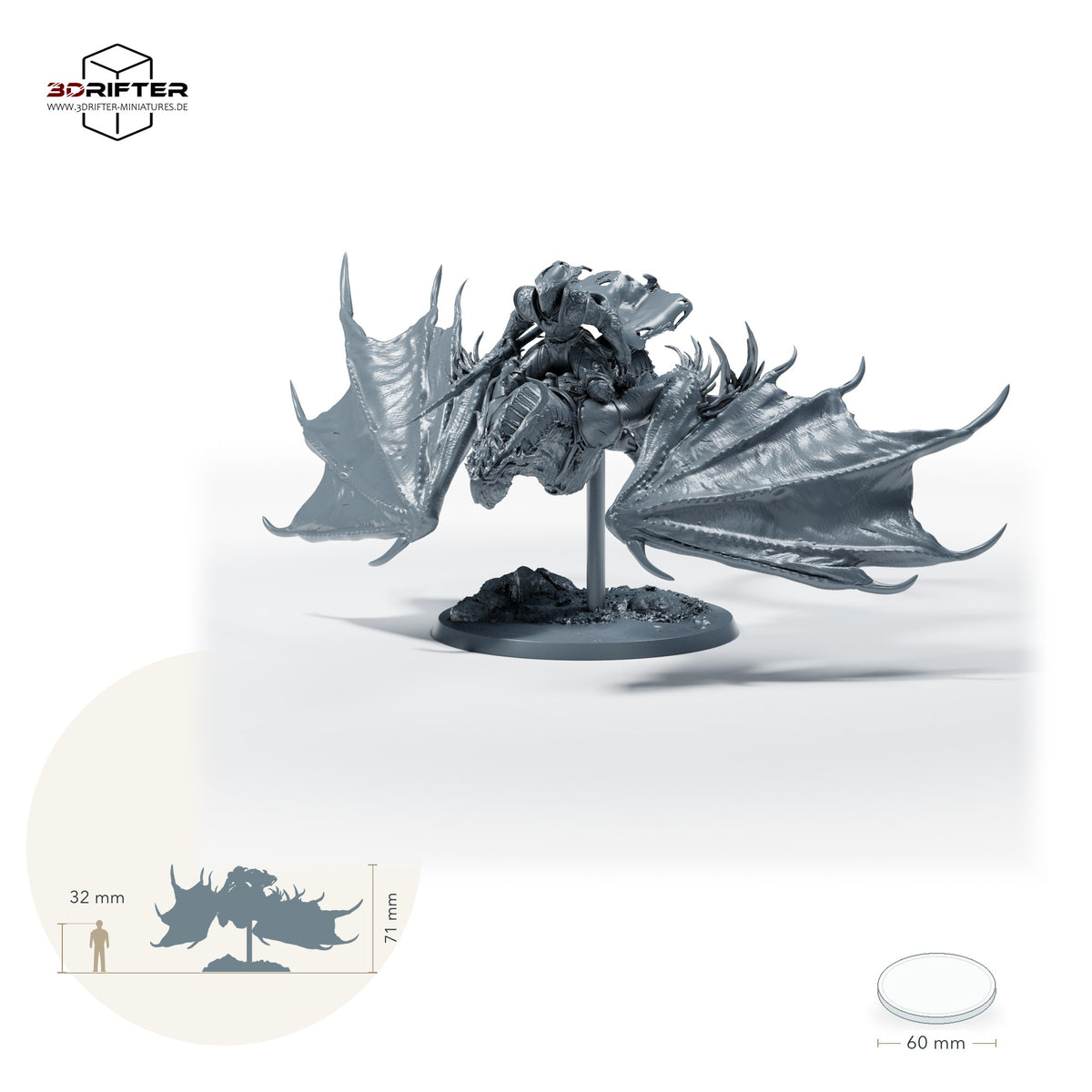 Gepanzerter Wyvern-Reiter – Mit Reiter: Größenvergleich, ca. 71 mm Gesamthöhe inklusive Base und höchstem Teil, mit 32-mm-Referenzfigur.