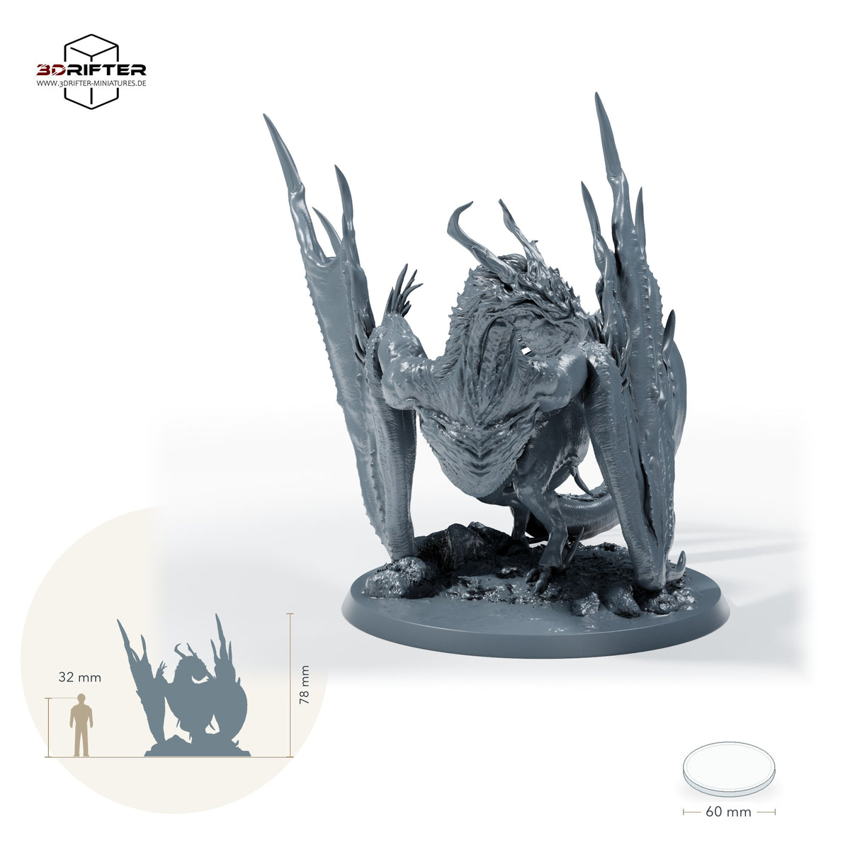 Gepanzerte Wyvern – Ohne Reiter: Größenvergleich, ca. 78 mm Gesamthöhe inklusive Base und höchstem Teil, mit 32-mm-Referenzfigur.