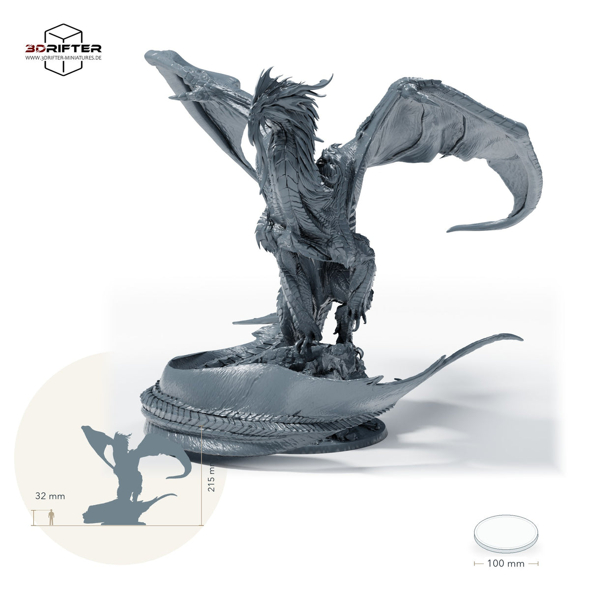 Älterer Drache mit ausgebreiteten Flügeln: Größenvergleich, ca. 215 mm Gesamthöhe inklusive Base und höchstem Teil, mit 32-mm-Referenzfigur.