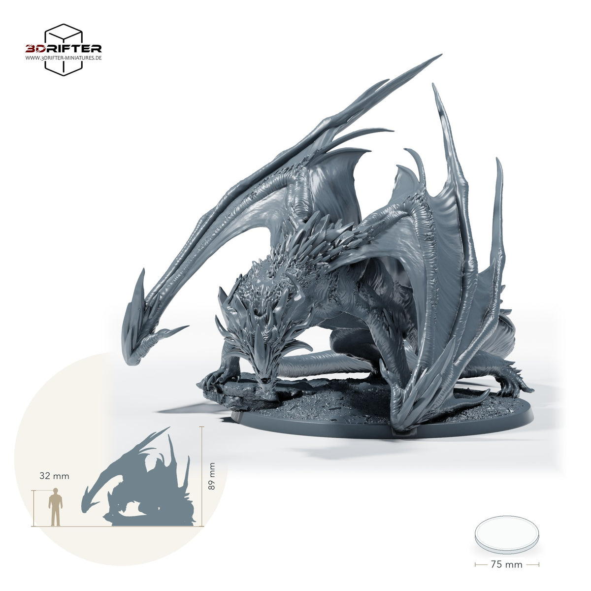 Saphirdrache (Sapphire Dragon, erwachsen), Kristalldrache, Edelstein-Drache, Großdrache, Bossmonster, zum Sprung bereit, Odemangriff: Größenvergleich, ca. 89 mm Gesamthöhe inklusive Base und höchstem Teil, mit 32-mm-Referenzfigur.