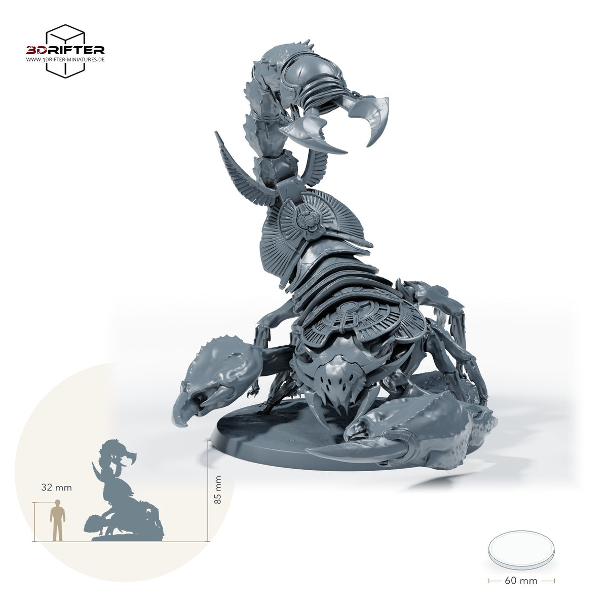 Skorpionreiter – Gepanzert ohne Reiter: Größenvergleich, ca. 85 mm Gesamthöhe inklusive Base und höchstem Teil, mit 32-mm-Referenzfigur.