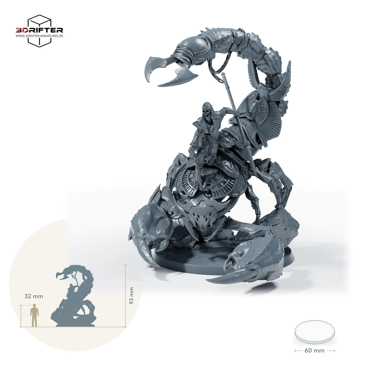Gepanzerter Riesenskorpion mit Reiter – Gepanzert mit Reiter: Größenvergleich, ca. 93 mm Gesamthöhe inklusive Base und höchstem Teil, mit 32-mm-Referenzfigur.
