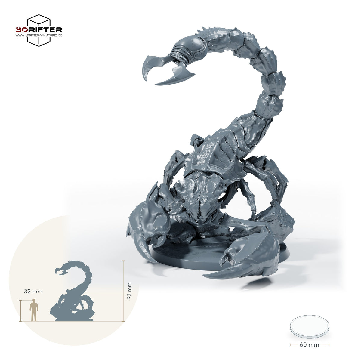 Gepanzerter Riesenskorpion mit Reiter – Ohne Rückenrüstung: Größenvergleich, ca. 93 mm Gesamthöhe inklusive Base und höchstem Teil, mit 32-mm-Referenzfigur.