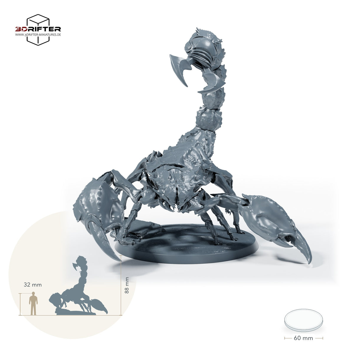 Riesenskorpion mit Reiter – Ohne Rückenrüstung: Größenvergleich, ca. 88 mm Gesamthöhe inklusive Base und höchstem Teil, mit 32-mm-Referenzfigur.