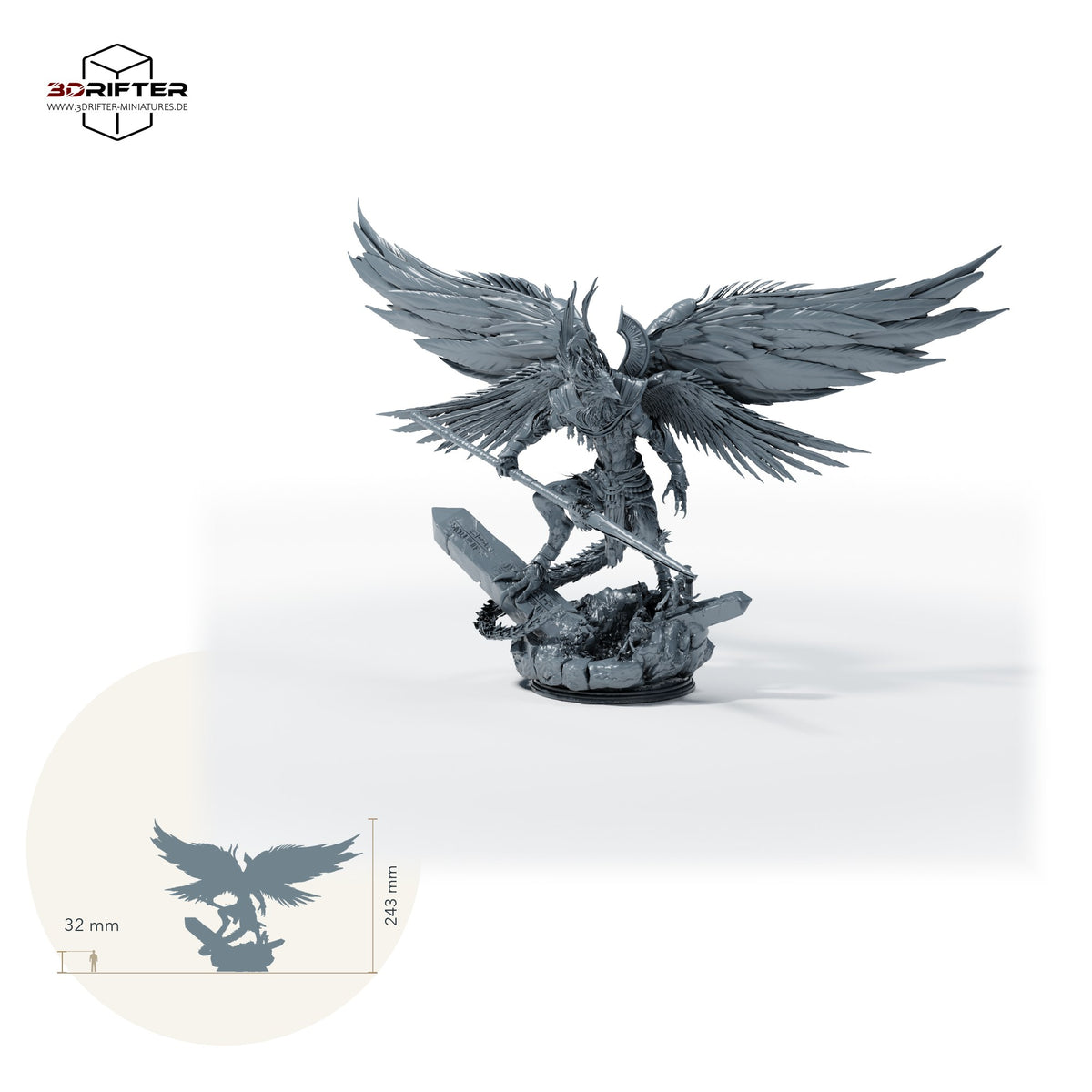 Ägyptischer Vogelkrieger mit Speer: Größenvergleich, ca. 243 mm Gesamthöhe inklusive Base und höchstem Teil, mit 32-mm-Referenzfigur.