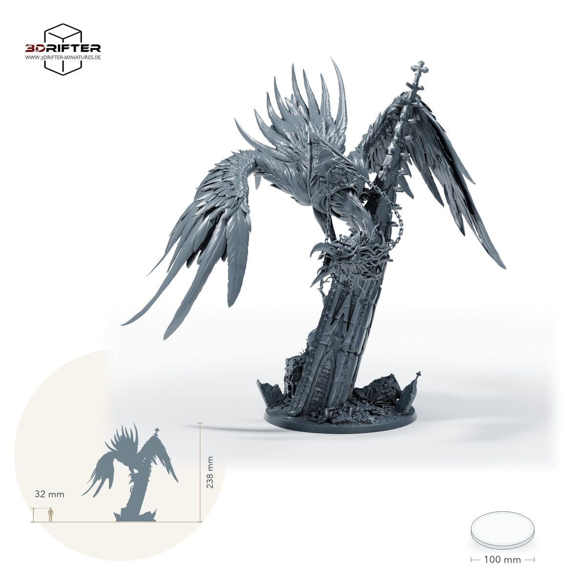 Geflügeltes Reitmonster mit Sturzflugpose – Mit leerem Sattel: Größenvergleich, ca. 238 mm Gesamthöhe inklusive Base und höchstem Teil, mit 32-mm-Referenzfigur.