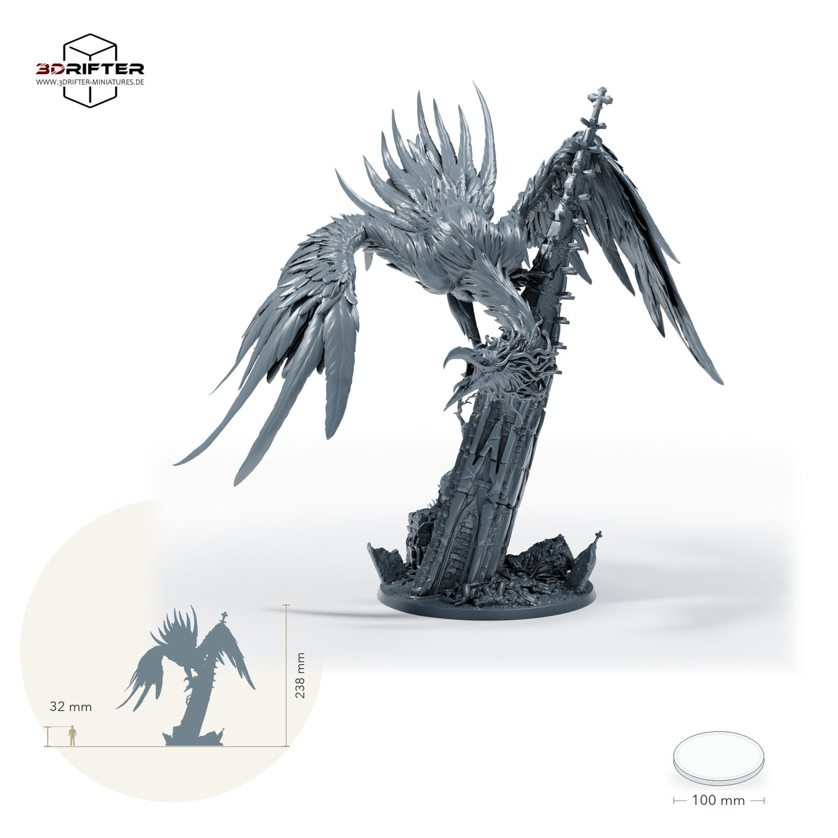 Geflügeltes Reitmonster mit Sturzflugpose – Ohne Sattel: Größenvergleich, ca. 238 mm Gesamthöhe inklusive Base und höchstem Teil, mit 32-mm-Referenzfigur.