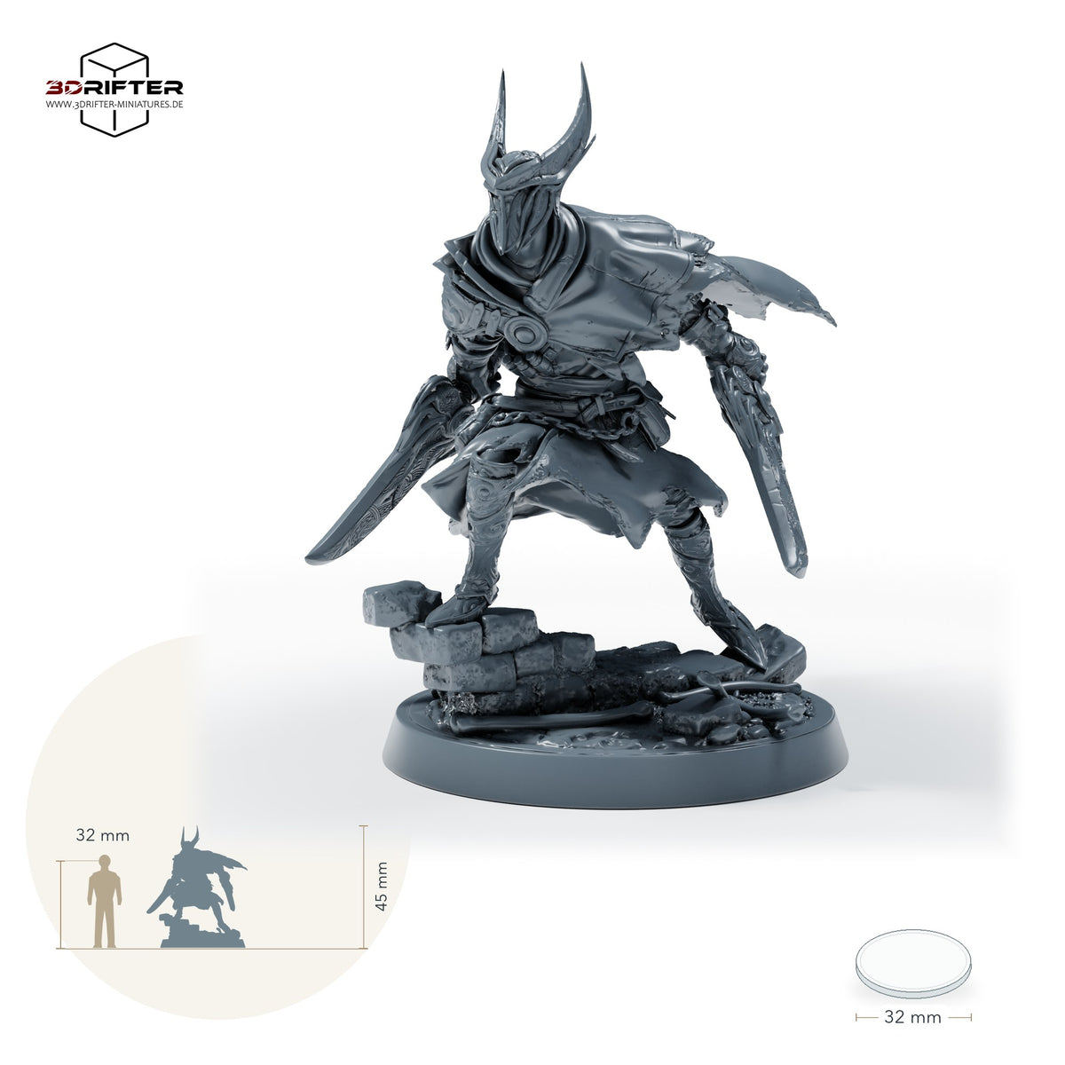 Maskierter Doppelklingenkrieger – Standard: Größenvergleich, ca. 45 mm Gesamthöhe inklusive Base und höchstem Teil, mit 32-mm-Referenzfigur.
