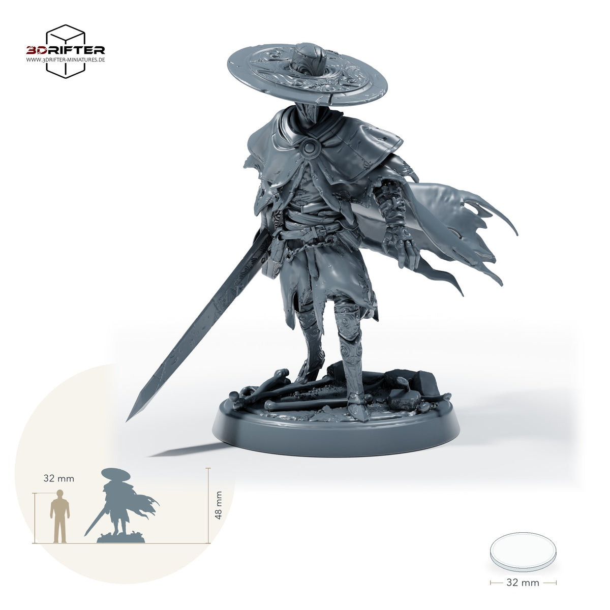 Maskierter Jäger mit Schwert – Standard: Größenvergleich, ca. 48 mm Gesamthöhe inklusive Base und höchstem Teil, mit 32-mm-Referenzfigur.