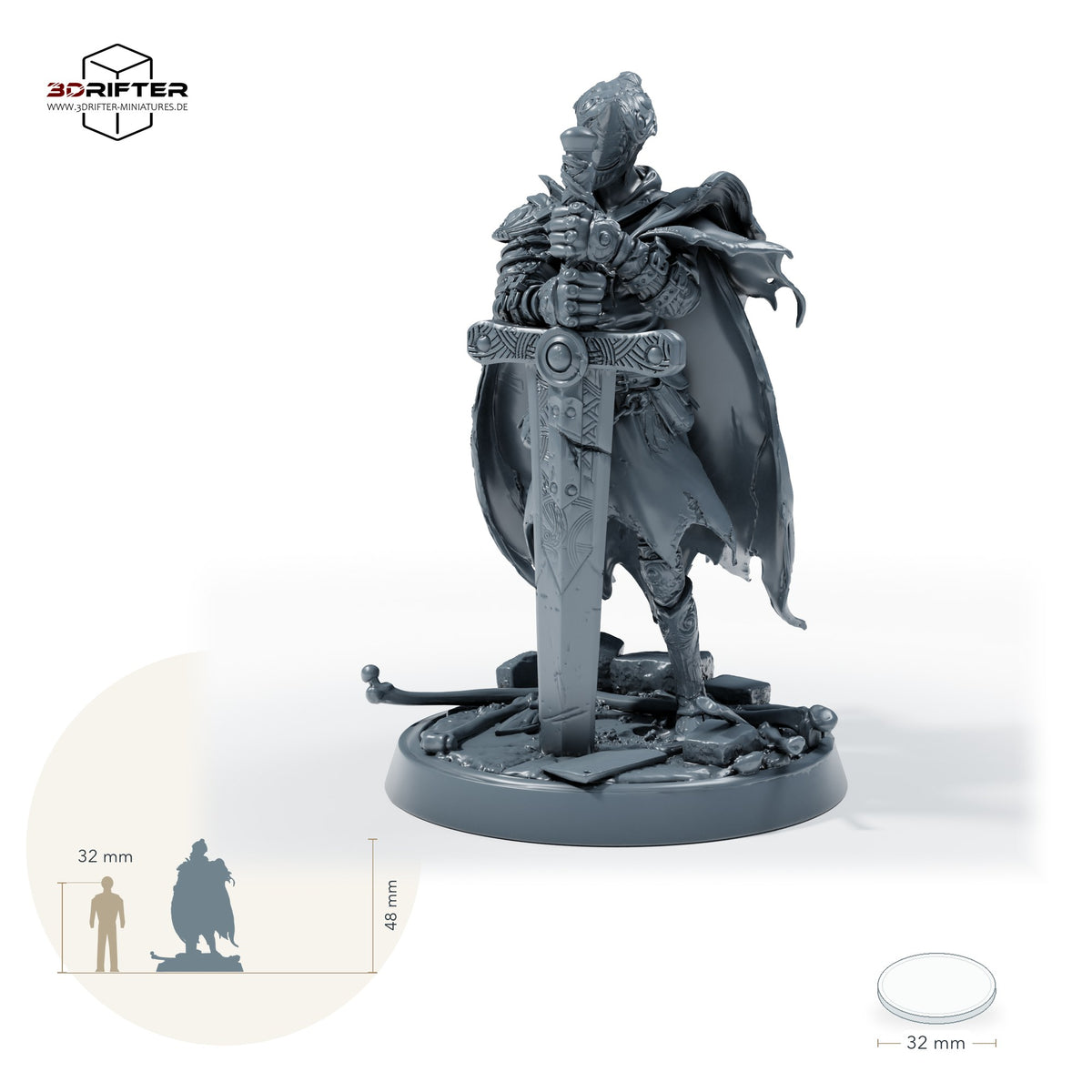 Maskierter Jäger mit Schwert – Standard (26_05_F17): Größenvergleich, ca. 48 mm Gesamthöhe inklusive Base und höchstem Teil, mit 32-mm-Referenzfigur.