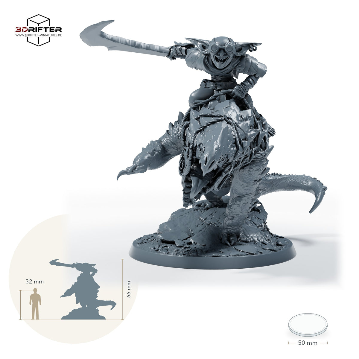 Goblin-Bulettenreiter im Angriff – Mit Reiter: Größenvergleich, ca. 66 mm Gesamthöhe inklusive Base und höchstem Teil, mit 32-mm-Referenzfigur.