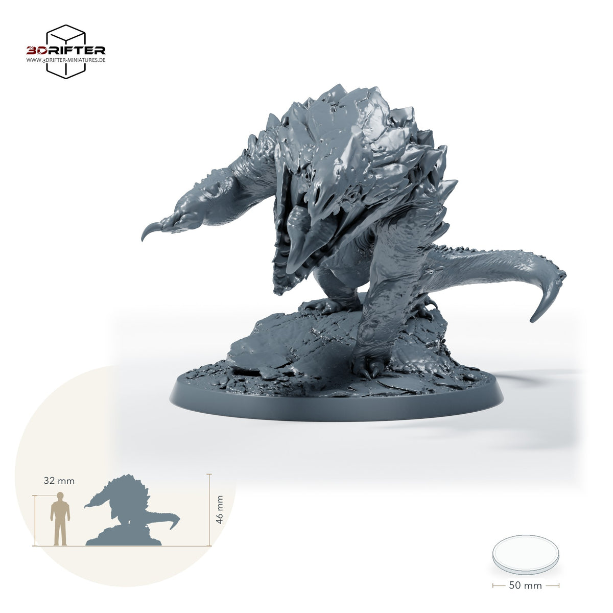 Goblin-Bulettenreiter im Angriff – Unberitten: Größenvergleich, ca. 46 mm Gesamthöhe inklusive Base und höchstem Teil, mit 32-mm-Referenzfigur.