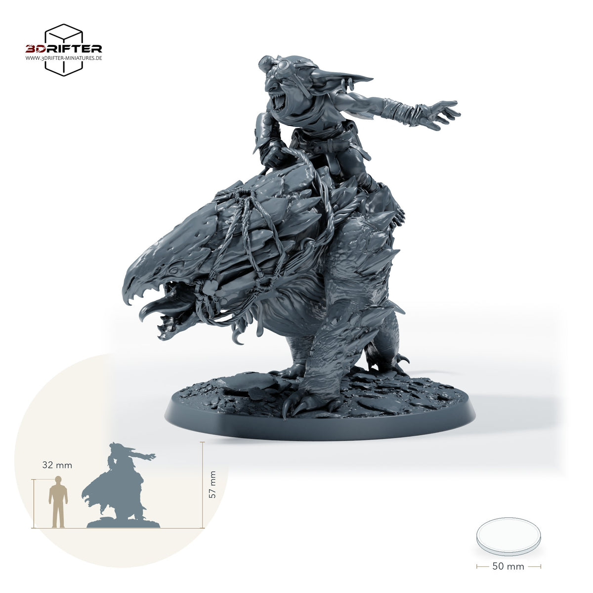 Goblinreiter auf gepanzertem Monster – Mit Reiter: Größenvergleich, ca. 57 mm Gesamthöhe inklusive Base und höchstem Teil, mit 32-mm-Referenzfigur.