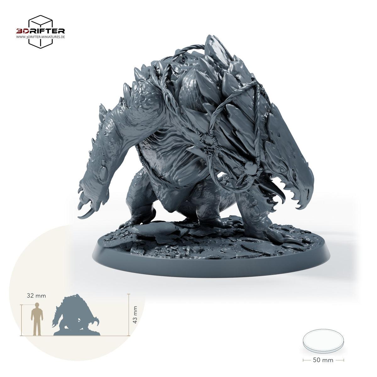 Goblinreiter auf gepanzertem Reitmonster – Saddle: Größenvergleich, ca. 43 mm Gesamthöhe inklusive Base und höchstem Teil, mit 32-mm-Referenzfigur.