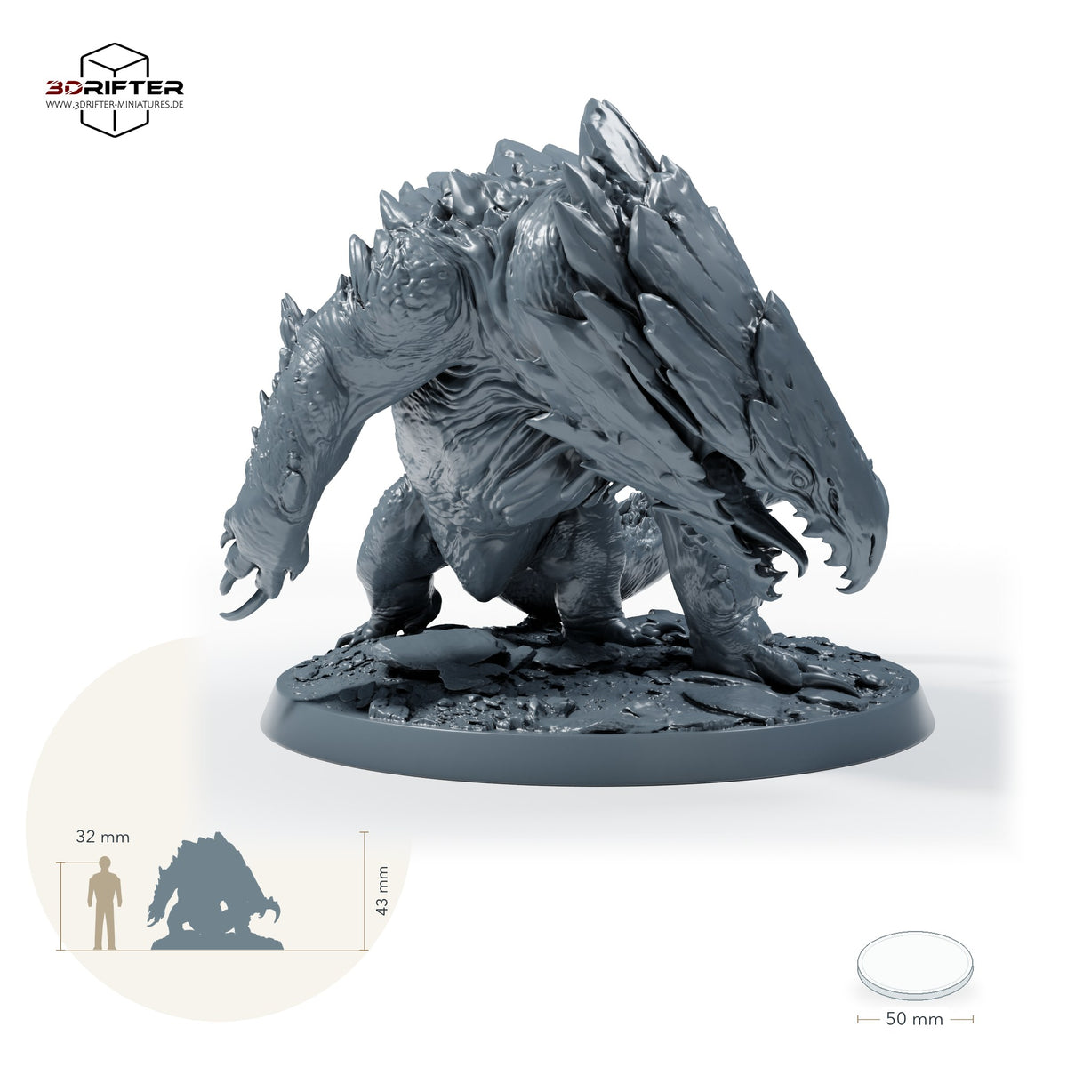 Goblinreiter auf gepanzertem Reitmonster – Unberitten: Größenvergleich, ca. 43 mm Gesamthöhe inklusive Base und höchstem Teil, mit 32-mm-Referenzfigur.