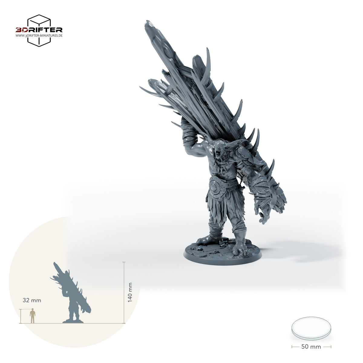 Hobgoblin-Schläger – A: Größenvergleich, ca. 140 mm Gesamthöhe inklusive Base und höchstem Teil, mit 32-mm-Referenzfigur.