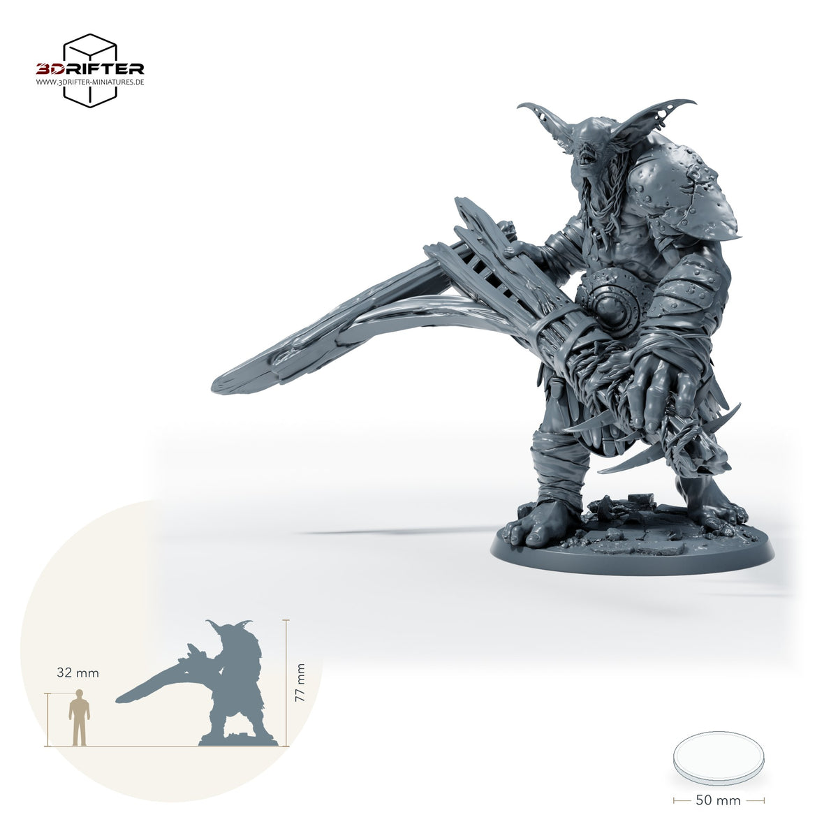 Hobgoblin-Schläger – B: Größenvergleich, ca. 77 mm Gesamthöhe inklusive Base und höchstem Teil, mit 32-mm-Referenzfigur.