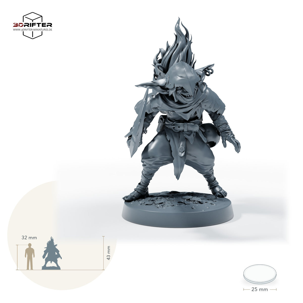 Goblin-Schwertkämpfer – B: Größenvergleich, ca. 43 mm Gesamthöhe inklusive Base und höchstem Teil, mit 32-mm-Referenzfigur.