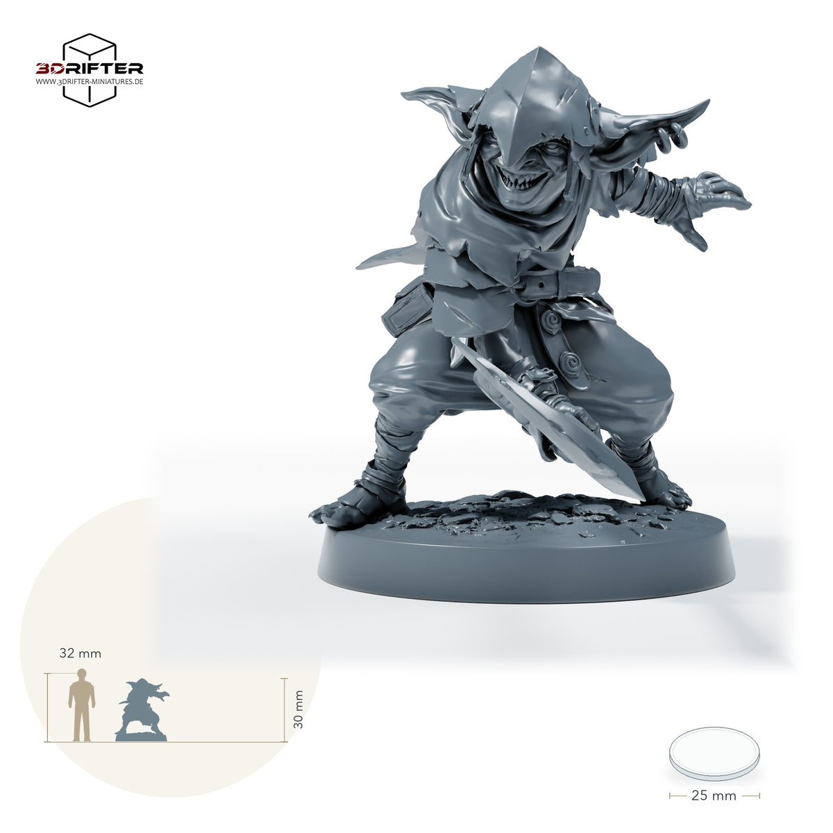 Goblin-Schwertkämpfer – Standard: Größenvergleich, ca. 30 mm Gesamthöhe inklusive Base und höchstem Teil, mit 32-mm-Referenzfigur.