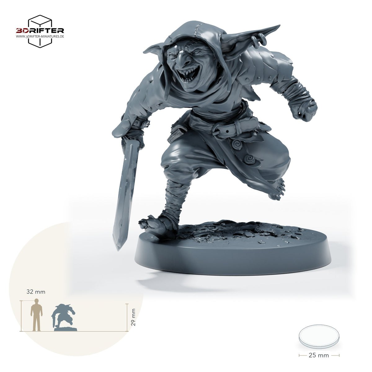 Goblin-Schwertkämpfer – Standard (26_06_F11): Größenvergleich, ca. 29 mm Gesamthöhe inklusive Base und höchstem Teil, mit 32-mm-Referenzfigur.