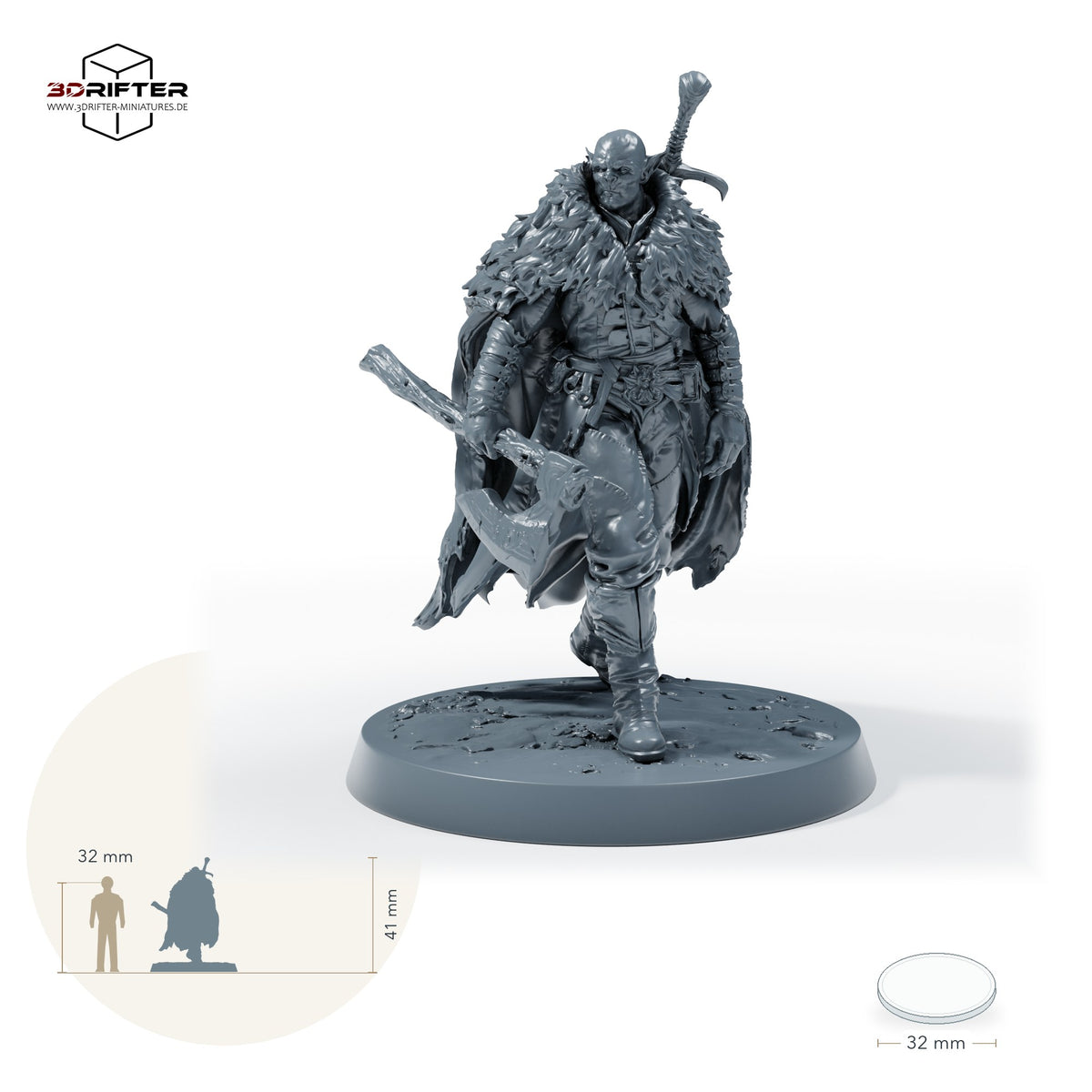 Duskhelm-Huscarl mit Axt – Ohne Helm: Größenvergleich, ca. 41 mm Gesamthöhe inklusive Base und höchstem Teil, mit 32-mm-Referenzfigur.