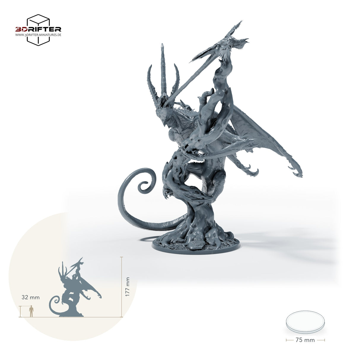 Ausgewachsener Chamäleondrache auf Baumstamm – Mit Zunge: Größenvergleich, ca. 177 mm Gesamthöhe inklusive Base und höchstem Teil, mit 32-mm-Referenzfigur.