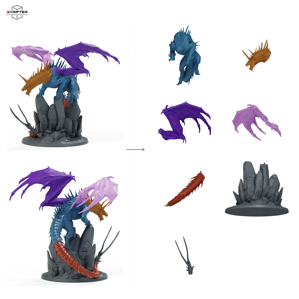 Ausgewachsener Fangdrache, gehörntes Drachenmonster mit ausgebreiteten Flügeln und Felsenbase – Ohne Ruestung: Bauteilübersicht mit Vorder- und Rückansicht sowie 7 farblich markierten Einzelteilen.