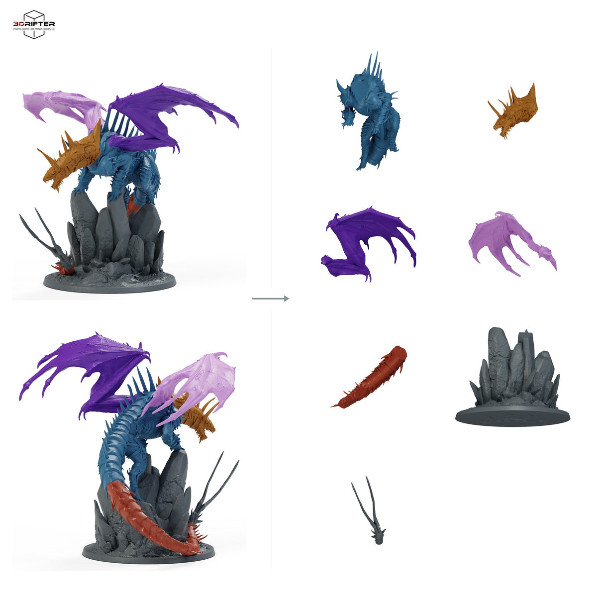 Ausgewachsener Fangdrache, gehörntes Drachenmonster mit ausgebreiteten Flügeln und Felsenbase – Mit Ruestung: Bauteilübersicht mit Vorder- und Rückansicht sowie 7 farblich markierten Einzelteilen.