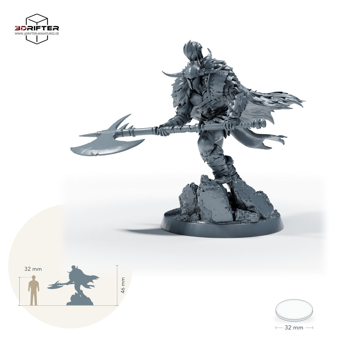 Gepanzerter Berserker mit Zweihandaxt und Hörnerhelm, Axtkrieger im Fellumhang – B: Größenvergleich, ca. 46 mm Gesamthöhe inklusive Base und höchstem Teil, mit 32-mm-Referenzfigur.