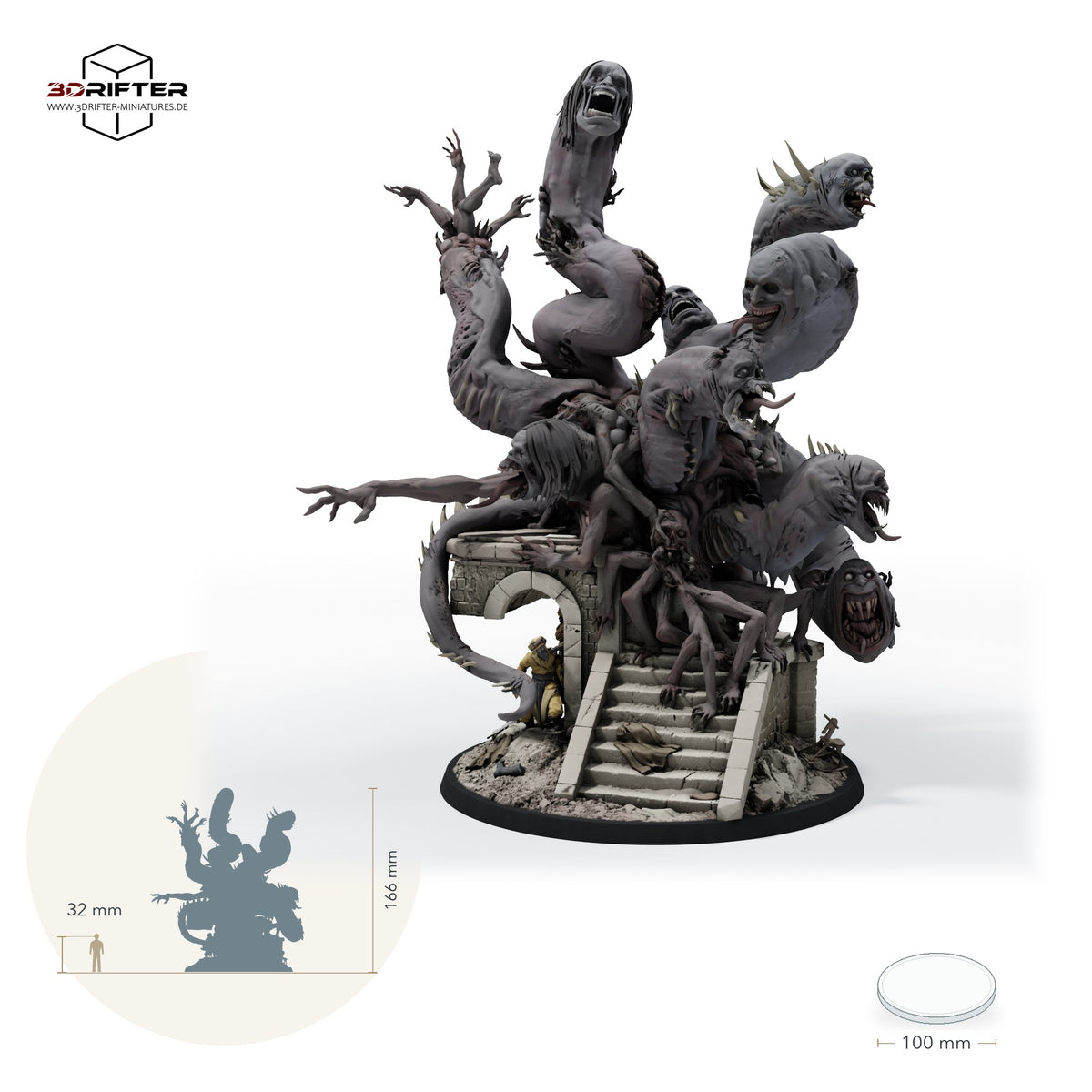 False Hydra 100mm, vielköpfiges Schlangen-Monster: Größenvergleich, ca. 166 mm Gesamthöhe inklusive Base und höchstem Teil, mit 32-mm-Referenzfigur.