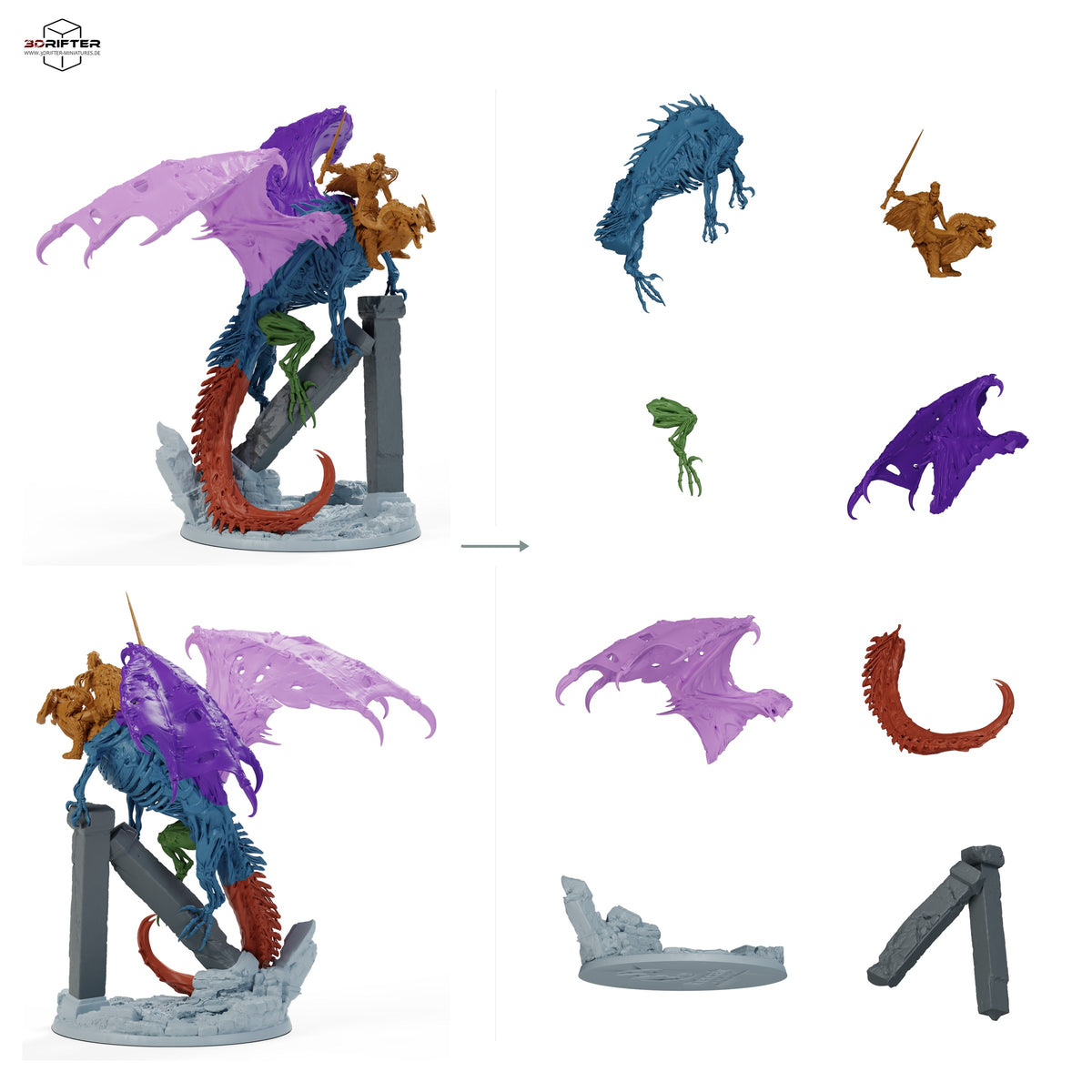 Roter Dracolich – beritten – fünf Posen – E2 – Schrei: Bauteilübersicht mit Vorder- und Rückansicht sowie 8 farblich markierten Einzelteilen.