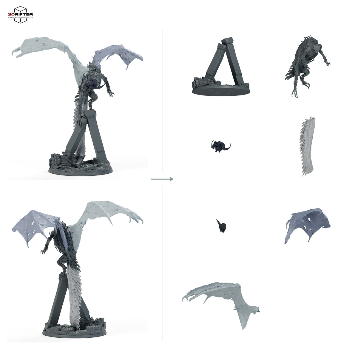Roter Dracolich – unberitten – fünf Posen – E5 – Stehend: Bauteilübersicht mit Vorder- und Rückansicht sowie 7 farblich markierten Einzelteilen.