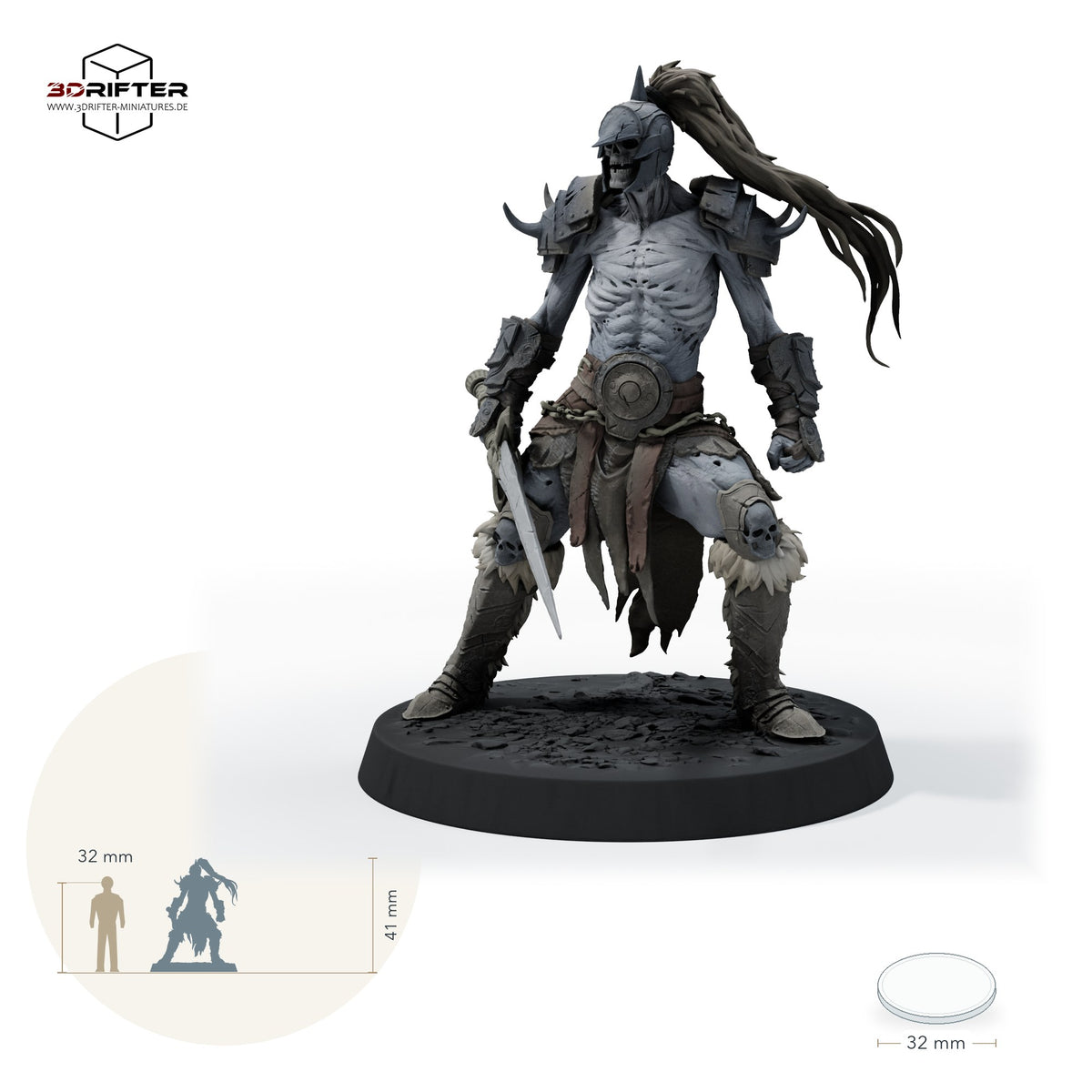 Untoter Krieger mit Schwert – Stehend: Größenvergleich, ca. 41 mm Gesamthöhe inklusive Base und höchstem Teil, mit 32-mm-Referenzfigur.
