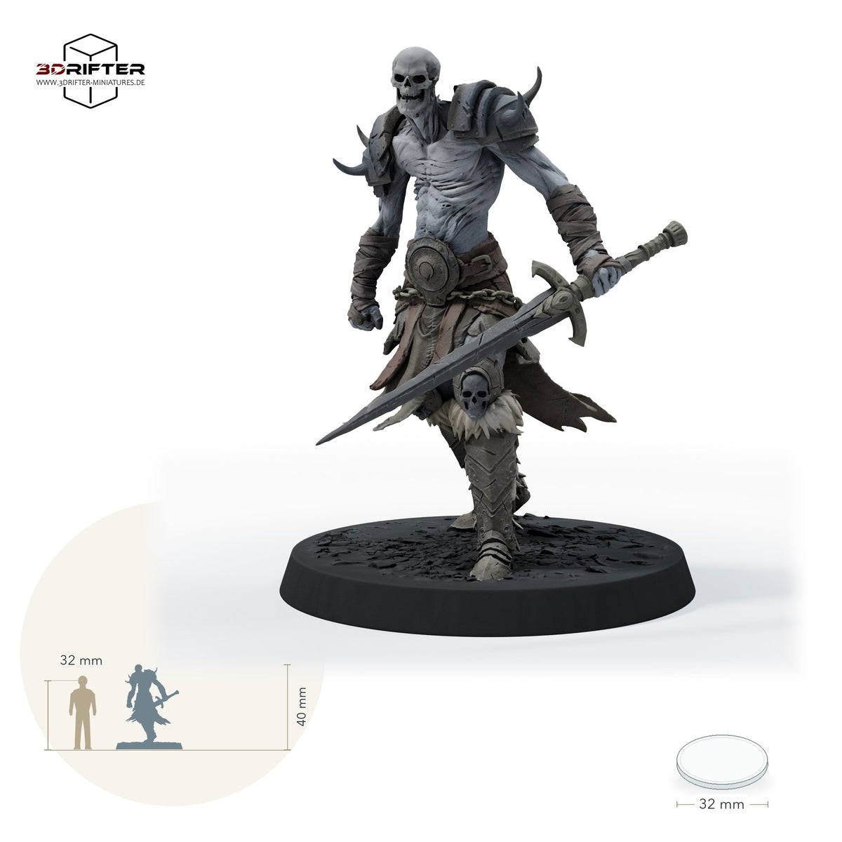 Untoter Krieger mit Schwert – Gehend C: Größenvergleich, ca. 40 mm Gesamthöhe inklusive Base und höchstem Teil, mit 32-mm-Referenzfigur.