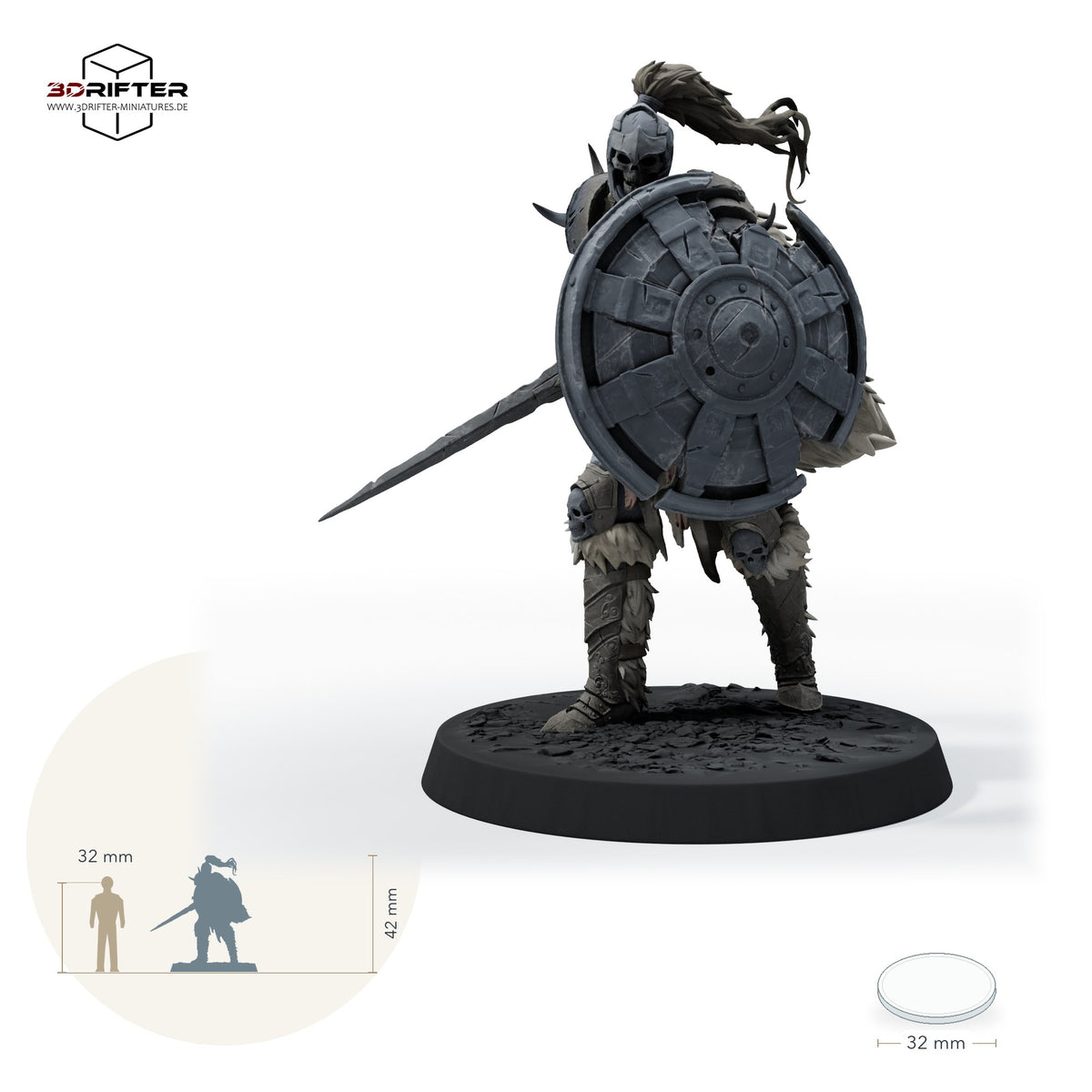 Untoter Schildkrieger – Gehend: Größenvergleich, ca. 42 mm Gesamthöhe inklusive Base und höchstem Teil, mit 32-mm-Referenzfigur.