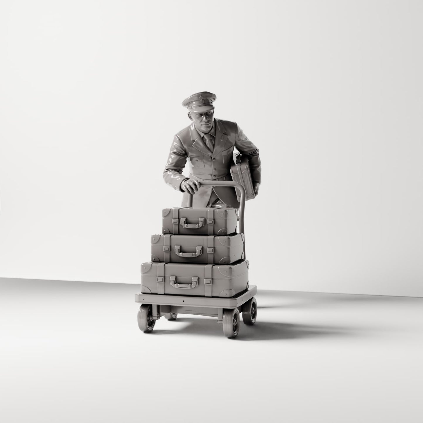 Zdjęcie produktu Diorama 0: Historyczne diorama figura: Tragarz z stosikiem walizek, dworzec lat 20-tych, z wózkiem bagażowym (sc02)