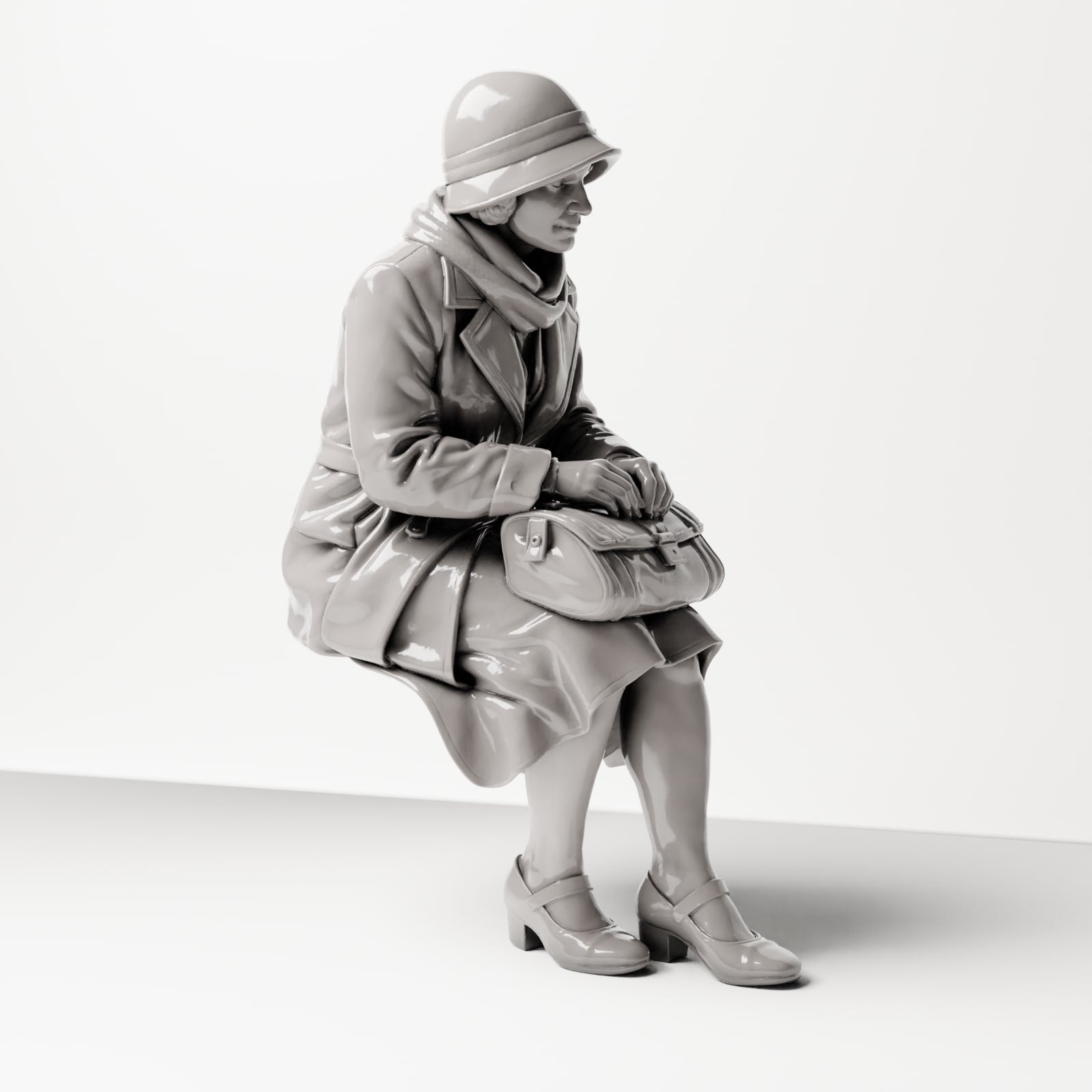 Diorama modelářství produktové foto 4: Sedící figura: žena sedící na okraji lavičky s kabelkou, 1920-1930, čekárna, nádraží (sc08)