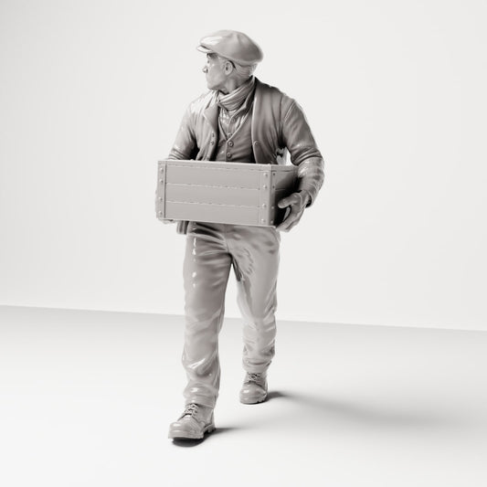 Diorama modelářství produktová fotografie 0: Historická dioramatická figurka: Stevedore/přístavní dělník s dřevěnou bednou před břichem (sc12)