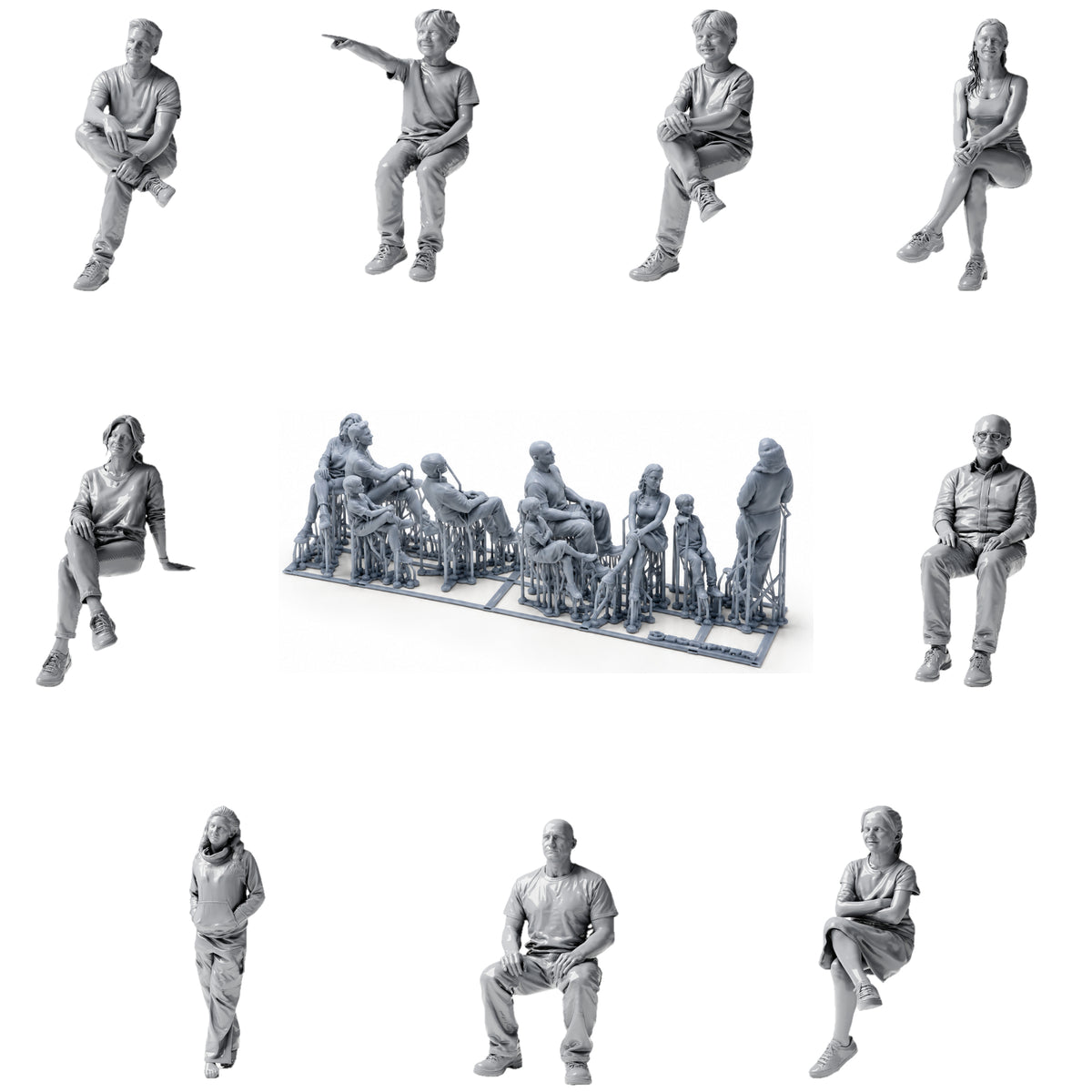 Figuras sentadas e transeuntes - 9 figuras em resina sem pintura em vista aberta