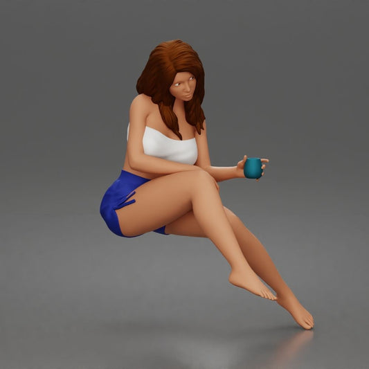 Foto prodotto di modellismo per diorama 0: figura inginocchiata: donna con top senza spalline e pantaloncini corti (a186)