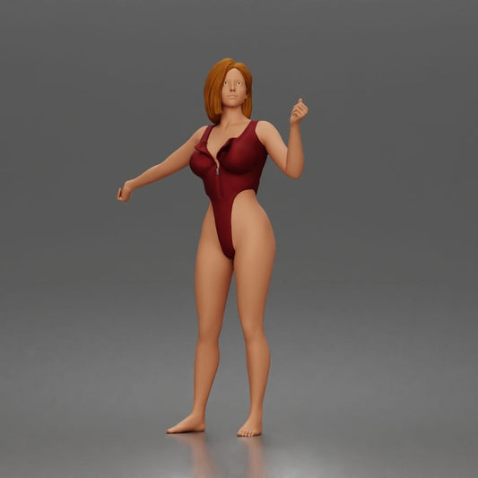 Produktová fotografie dioramatického modelu 0: Stojící figurka: žena v jednodílném body s rozpaženýma rukama (a206)