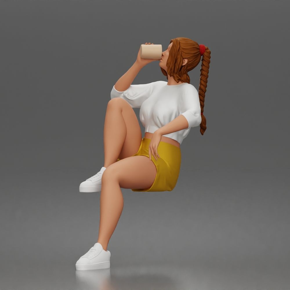 Diorama Modellbau Produktfoto 0: Sitzende Figur: Mann mit Becher, Freizeitkleidung & Turnschuhen (a211)